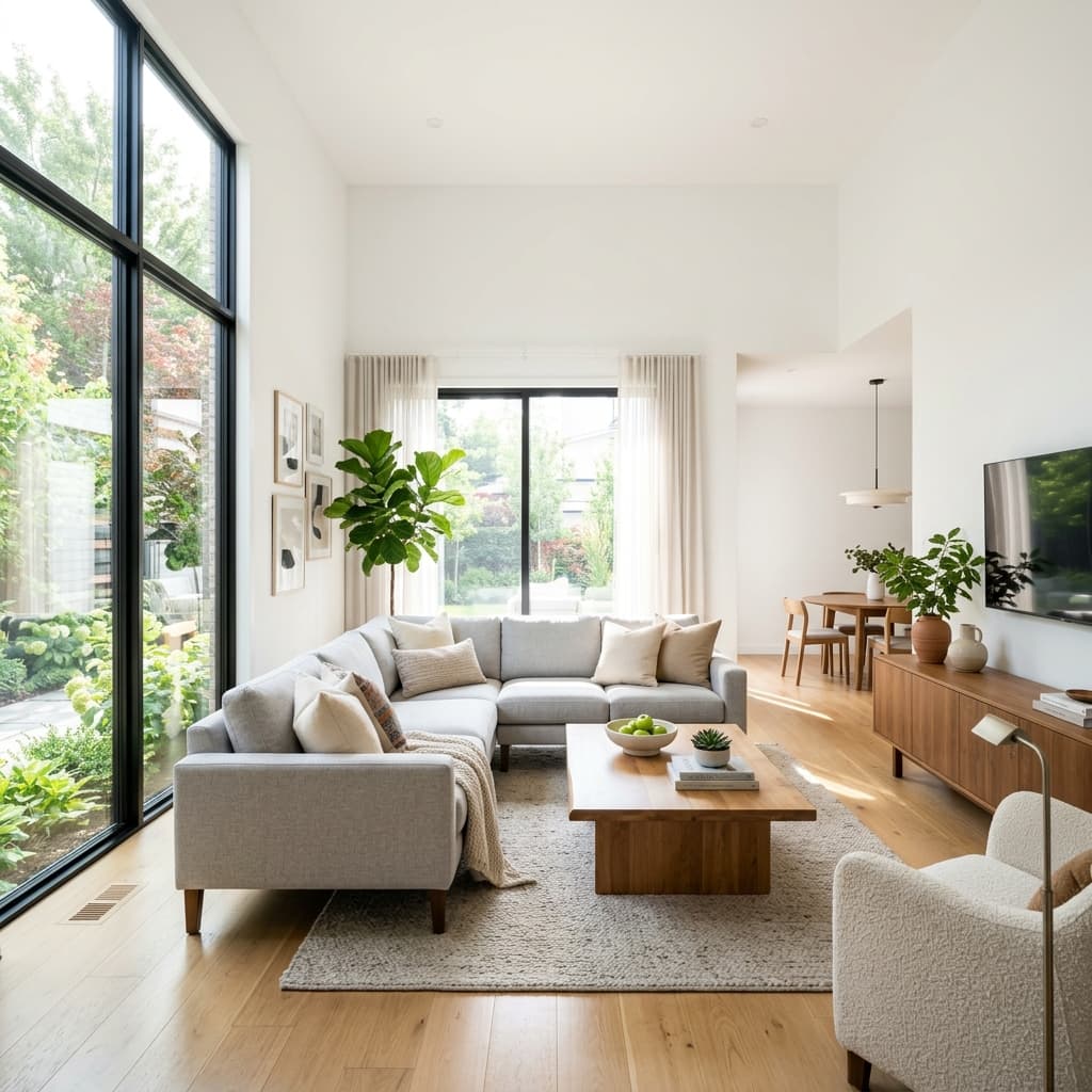 Professional cleaner servicing a bright modern living room